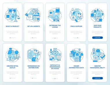 Mobil uygulama ekranına iş mavisini aktar ve içeri aktar. Çizgisel kavramlarla dolu 5 aşamalı grafik talimatları. UI, UX, GUI şablonu. Kullanılan sayısız Pro-Kalın, Düzenli yazı tipleri