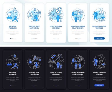 Mobil uygulama ekranında gece gündüz kompülsif kumar modu var. Çizgisel kavramlarla dolu 5 aşamalı grafik talimatları. UI, UX, GUI şablonu. Kullanılan sayısız Pro-Kalın, Düzenli yazı tipleri