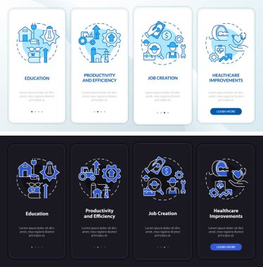 RE ekonomik fayda gece gündüz modu mobil uygulama ekranında. Doğrusal kavramlarla dolu dört adımda grafik talimatları uygula. UI, UX, GUI şablonu. Kullanılan sayısız Pro-Kalın, Düzenli yazı tipleri