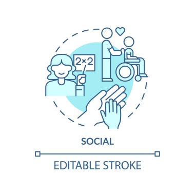 Sosyal işgal turkuvaz konsept ikonu. Çalışma ortamı soyut fikir ince çizgi çizimi. Hemşirelik ve eğitim. İzole bir taslak çizim. Düzenlenebilir felç. Arial, Myriad Pro-Kalın yazı tipleri