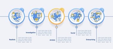 Çalışma ortamı çember bilgi şablonunu sınıflandırır. Gerçekçi bir meslek. Veri görselleştirmesi 5 adımda. İşlem zaman çizelgesi bilgi şeması. Satır simgeleriyle çalışma akışı düzeni. Kullanılan Lato Kalın, Düzenli yazı tipleri