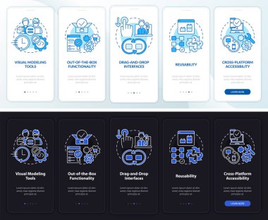 Düşük kod gece ve gündüz modu mobil uygulama ekranında. Web 3-0 gezintisi 5 adım grafik talimatları sayfaları doğrusal kavramlarla. UI, UX, GUI şablonu. Kullanılan sayısız Pro-Kalın, Düzenli yazı tipleri