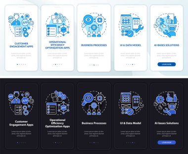 İş gecesi ve gündüz modu uygulamaları mobil uygulama ekranında. Çizgisel kavramları olan 5 adımlı web gezintisi grafik talimatları sayfaları. UI, UX, GUI şablonu. Kullanılan sayısız Pro-Kalın, Düzenli yazı tipleri