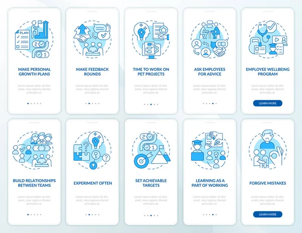 Engagement Des Employés Bleu Onboarding Mobile App Screen Set Bien — Image vectorielle