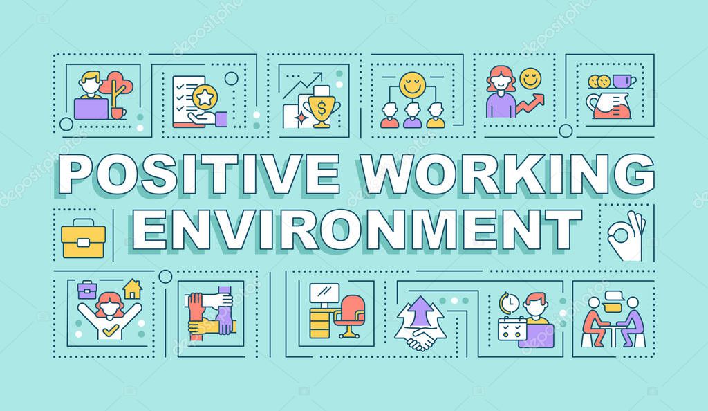 Positive working environment word concepts mint banner. Boosting performance. Infographics with icons on color background. Isolated typography. Vector illustration with text. Arial-Black font used