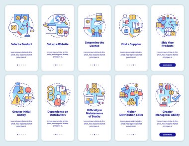 Ticareti mobil uygulama ekranına aktar ve içeri aktar. Çizgisel kavramlarla dolu 5 aşamalı grafik talimatları. UI, UX, GUI şablonu. Kullanılan sayısız Pro-Kalın, Düzenli yazı tipleri