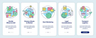 Mobil uygulama ekranına ticari ipuçları aktar. Pazarlama stratejisi. Çizgisel kavramlarla dolu 5 aşamalı grafik talimatları. UI, UX, GUI şablonu. Kullanılan sayısız Pro-Kalın, Düzenli yazı tipleri