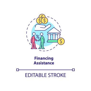 Yardım kavramı ikonu finanse ediliyor. Devlet ödeneği. Ticari avantajları ihraç etmek soyut fikir ince çizgi illüstrasyonu. İzole bir taslak çizim. Düzenlenebilir felç. Arial, Myriad Pro-Kalın yazı tipleri