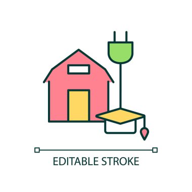 Kırsal elektrik ve eğitim RGB renk simgesi. Kırsal elektrik tesisatı. Taşra okulu. İzole vektör çizimi. Basit bir çizgi çizimi. Düzenlenebilir felç. Kullanılan Arial yazı tipi