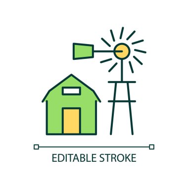 Alternatif enerji RGB renk simgesi. Kırsal elektriklenme. Kırsal kesim için sürdürülebilir güç üretimi. İzole vektör çizimi. Basit bir çizgi çizimi. Düzenlenebilir felç. Kullanılan Arial yazı tipi