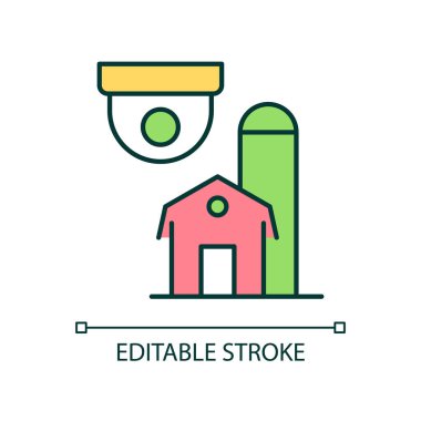 Kırsal gözetleme sistemi RGB renk simgesi. Video kamera monitörü. Çiftlik arazisi için güvenlik kamerası. Ahır ve ambar. İzole vektör çizimi. Basit bir çizgi çizimi. Düzenlenebilir felç. Kullanılan Arial yazı tipi