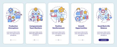 Mobil uygulama ekranında pozitif çalışma ortamı özellikleri. Çizgisel kavramlarla dolu 5 aşamalı grafik talimatları. UI, UX, GUI şablonu. Kullanılan sayısız Pro-Kalın, Düzenli yazı tipleri