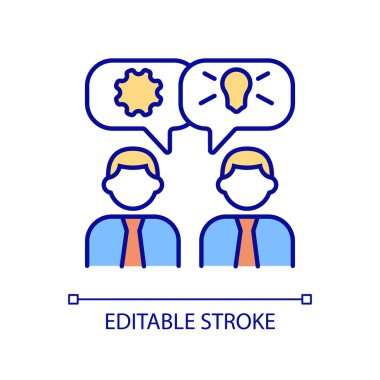 İşçi çarpışması RGB renk simgesi. Genç girişimciler var. Meslektaşlarımızla fikir alışverişinde bulunduk. İzole vektör çizimi. Basit bir çizgi çizimi. Düzenlenebilir felç. Kullanılan Arial yazı tipi