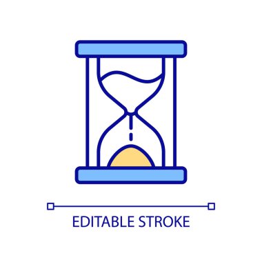 Kum saati RGB renk simgesi. Eski moda zaman dilimi. Zaman geçişini ölçüyorum. Kum saati cihazı. Kum saati. İzole vektör çizimi. Basit bir çizgi çizimi. Düzenlenebilir felç. Kullanılan Arial yazı tipi