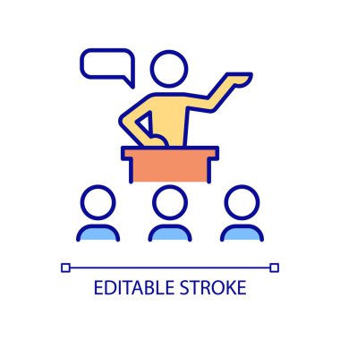 Toplum konuşma becerileri RGB renk simgesi. Personel toplantısı. İtaat konuşması. Seyirciler için sunum yapıyorum. İzole vektör çizimi. Basit bir çizgi çizimi. Düzenlenebilir felç. Kullanılan Arial yazı tipi