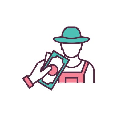 Çiftçi RGB renk simgesi üretiyor. Adil ticaret politikası. Adil ticaret ilişkilerine ulaşmak. Tarım işçileri ile çalışmak. Yapımcılar mali refah. İzole vektör illüstrasyonu