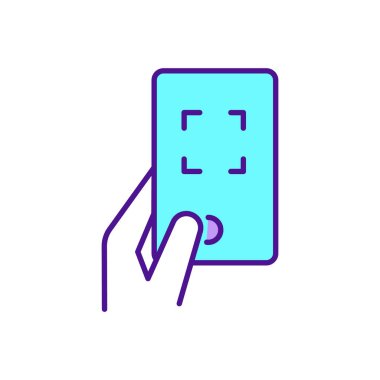 Akıllı telefon RGB renk simgesinde fotoğraf çekmek. Otomatik odaklama kullanılıyor. Telefon kamerası. Uzak nesneleri yakalıyor. Dijital fotoğrafçılık. Elle ayarlama. Yüksek kaliteli fotoğraflar. İzole vektör illüstrasyonu