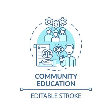 Toplum eğitimi konsepti ikonu. Yasal hizmet kategorileri. Toplumsal öğrenme sorumluluklar açısından ince çizgi çizimi fikri. Vektör izole edilmiş RGB renk çizimi. Düzenlenebilir vuruş