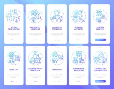 Hukuki hizmetler mobil uygulama sayfası ekranında kavramlarla birlikte. Mahkeme koruması 10 aşamalı grafik talimatları gözden geçiriyor. UI, UX, doğrusal renk çizimleri olan GUI vektör şablonu