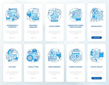 Mikroplastik kaynaklar mobil uygulama sayfası ekranında kavramlarla birlikte. Giysi dolabindaki mikroplastik iplikler 10 adim grafiksel talimatlar. RGB renk resimleriyle UI vektör şablonu