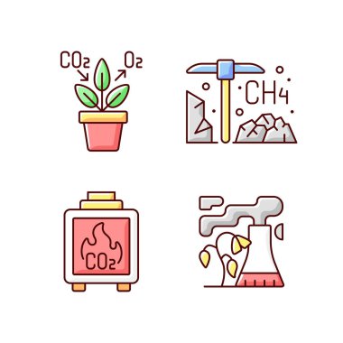 Hava kirliliği RGB renk simgeleri ayarlandı. Evde saksıdaki hava temizleme tesisleri. Yerleşik ahşap yanıkları atmosfere ve hava kalitesine zarar veriyor. İzole vektör çizimleri