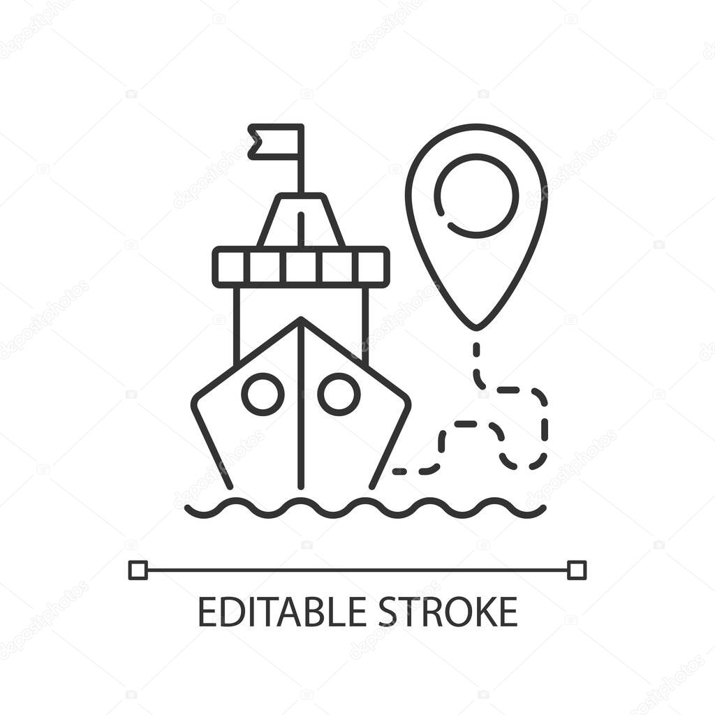 Ship tracking linear icon. Automatic gps tracking system that use transceivers on ships and boats. Thin line customizable illustration. Contour symbol. Vector isolated outline drawing. Editable stroke