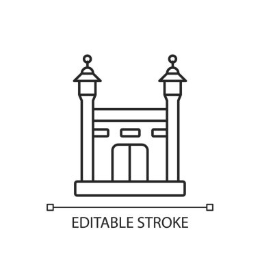 Hac doğrusal simgesi. Mekke 'ye yıllık İslami hac yolculuğu. Müslümanlar için zorunlu dini görev. İnce çizgi özelleştirilebilir illüstrasyon. Contour sembolü. Vektör izole çizim. Düzenlenebilir vuruş