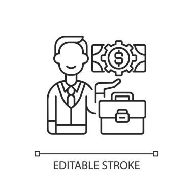 İş adamı doğrusal simgesi. Girişimci, şirket çalışanı, kişiselleştirilebilir çizgiler. Contour sembolü. Banka müdürü, iş yatırımcısı. Vektör izole çizim. Düzenlenebilir vuruş