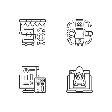 İş yönetimi doğrusal simgeleri ayarlandı. Perakende ticaret, lojistik organizasyon, başlangıç geliştirme. Özelleştirilebilir ince çizgi şekilleri. İzole vektör çizimi çizimleri. Düzenlenebilir vuruş