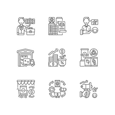 İş doğrusal simgeleri ayarlandı. Özelleştirilebilir ince çizgi şekilleri. Yasal ve müşteri hizmetleri. Ticaret yönetimi ve terfi. İzole vektör çizimi çizimleri. Düzenlenebilir vuruş