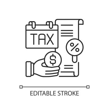 Vergi ödeme doğrusal simgesi. Finansal yükümlülükler, ekonomik yönetim, kişiselleştirilebilir ince çizgi. Contour sembolü. Vergi politikası. Vektör izole çizim. Düzenlenebilir vuruş