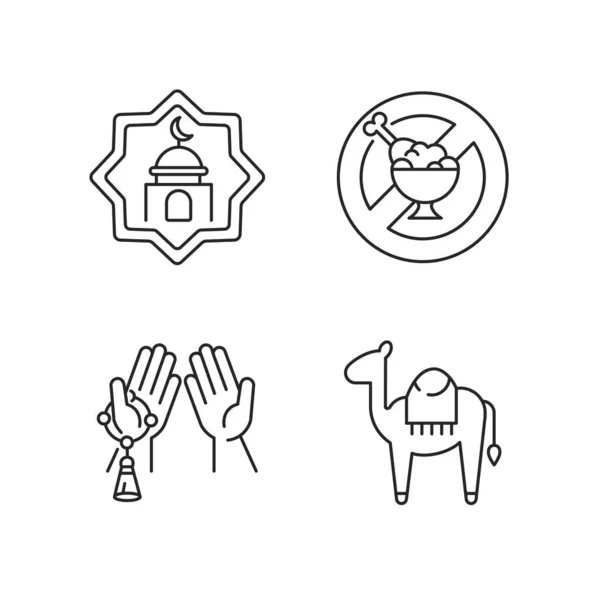 Traditionele Moslim Symbolen Lineaire Pictogrammen Ingesteld Sterke Woestijnkameel Biddende Handen — Stockvector