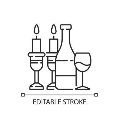 Kosher şarap doğrusal ikonu. Yahudi bayramları ve ayinler. Hamursuz Bayramı yemeği. Kutlama yemeği. Üzüm suyu. İnce çizgi özelleştirilebilir illüstrasyon. Contour sembolü. Vektör izole çizim. Düzenlenebilir vuruş