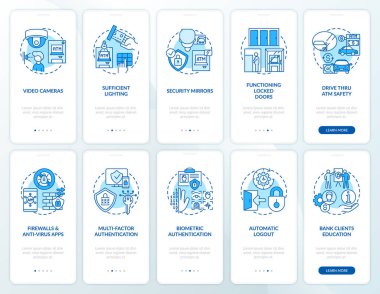 Bankacılık güvenliği mobil uygulama sayfası ekranında konseptler ayarlandı. Güvenlik ve biyometrik tarama. 5 adım grafik talimatlar. RGB renk resimleriyle UI vektör şablonu