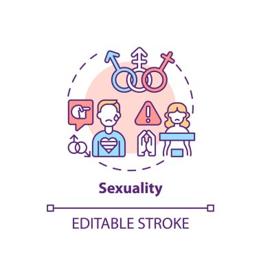 Cinsellik konsepti ikonu. LGBTQ insanları ayrımcılık yapıyor. Cinsel yönelim. Sosyal önyargı. Dini konular ince çizgi çizimi fikri. Vektör izole edilmiş RGB renk çizimi. Düzenlenebilir vuruş