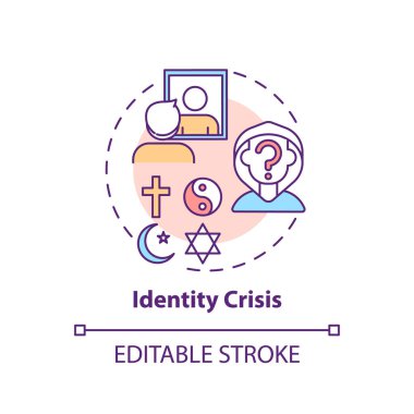 Kimlik krizi konsepti ikonu. Bireysel çatışma. Kendinden şüphe et. Din çoğulculuğu. Dini konular ince çizgi çizimi fikri. Vektör izole edilmiş RGB renk çizimi. Düzenlenebilir vuruş