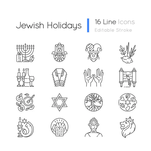 Joodse Feestdagen Lineaire Pictogrammen Ingesteld Heilige Symboliek Purim Hanukkah Shavuot — Stockvector