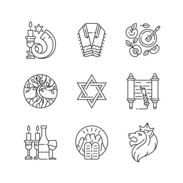 Jodendom Symbolen Lineaire Pictogrammen Ingesteld Opzij Shophar Joodse Gebed Sjaal — Stockvector