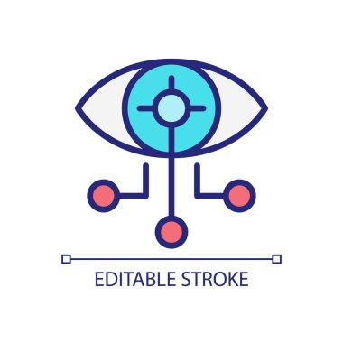 Bağlı lens piksel mükemmel RGB renk simgesi. Yapay göz. Görme düzeltme teknolojisi. İzole vektör çizimi. Basit bir çizgi çizimi. Düzenlenebilir felç. Kullanılan Arial yazı tipi