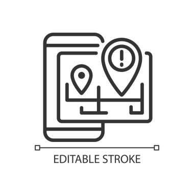 Trafik yönetmeliği pikseli mükemmel doğrusal simge. Mobil uygulamanın navigasyon bilgileri. Nesnelerin İnterneti. İnce çizgili çizim. Contour sembolü. Vektör çizimi. Düzenlenebilir felç. Kullanılan Arial yazı tipi