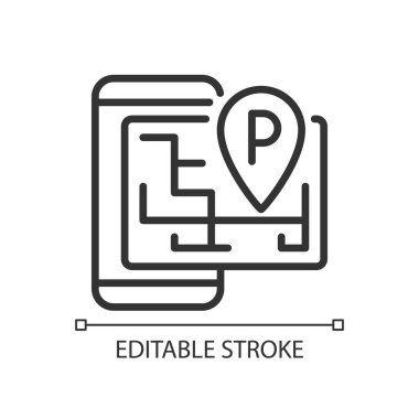 Akıllı park pikseli mükemmel doğrusal simge. GPS 'te konum, mobil uygulama. Nesnelerin İnterneti. İnce çizgili çizim. Contour sembolü. Vektör çizimi. Düzenlenebilir felç. Kullanılan Arial yazı tipi