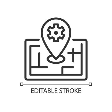 Akıllı haritalama teknolojisi pikseli mükemmel doğrusal simge. GPS uygulamasının konumu. Nesnelerin İnterneti. İnce çizgili çizim. Contour sembolü. Vektör çizimi. Düzenlenebilir felç. Kullanılan Arial yazı tipi