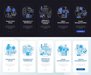 İhracat işi gece, gündüz modu mobil uygulama ekranında. Çizgisel kavramlarla dolu 5 aşamalı grafik talimatları. UI, UX, GUI şablonu. Kullanılan sayısız Pro-Kalın, Düzenli yazı tipleri