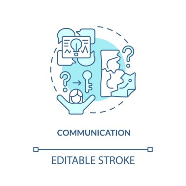 İletişim turkuaz konsept simgesi. Kaçış odası eylem planı soyut fikir ince çizgi çizimi. Sosyal yetenek. İzole bir taslak çizim. Düzenlenebilir felç. Arial, Myriad Pro-Kalın yazı tipleri