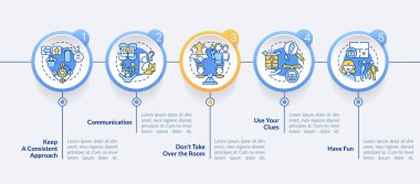 Kaçış odası kazananı çemberin bilgi şablonuna yaklaşıyor. İletişim. Veri görselleştirmesi 5 adımda. İşlem zaman çizelgesi bilgi şeması. Satır simgeleriyle çalışma akışı düzeni. Kullanılan Lato Kalın, Düzenli yazı tipleri
