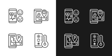 Mobil uygulamalar mükemmel ışık ve koyu renk simgeleri ayarlandı. Sağlık hizmetleri. Nesnelerin İnterneti. Basit çizgi çizimleri. Beyaz ve siyah üzerine parlak tırmanışlar. Düzenlenebilir vuruş