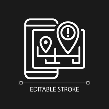 Karanlık tema için trafik düzenleme pikseli mükemmel beyaz doğrusal simge. Mobil uygulamanın navigasyon bilgileri. İnce çizgili çizim. Gece modu için izole edilmiş sembol. Düzenlenebilir felç. Kullanılan Arial yazı tipi