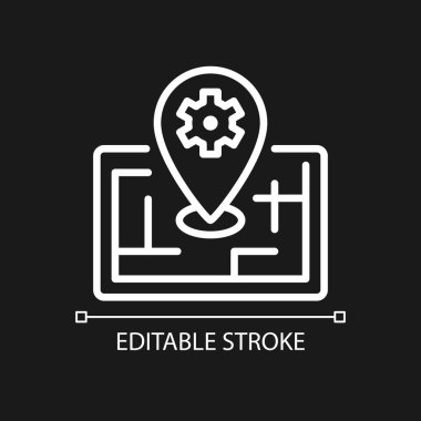 Koyu renk tema için akıllı haritalama teknolojisi pikseli kusursuz beyaz doğrusal simge. Uygulamada konum. Nesnelerin İnterneti. İnce çizgili çizim. Gece modu için izole edilmiş sembol. Düzenlenebilir felç. Kullanılan Arial yazı tipi