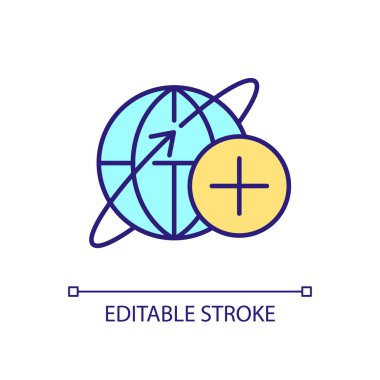 Küresel pazar RGB renk simgesine erişim. Uluslararası ticaret. Yurt dışında. Dünya çapında bir endüstri. İzole vektör çizimi. Basit bir çizgi çizimi. Düzenlenebilir felç. Kullanılan Arial yazı tipi