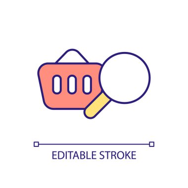 Ürün RGB renk simgesi aranıyor. İnternetten alışveriş. Satın alma arabası. İnternetten mal almak. İzole vektör çizimi. Basit bir çizgi çizimi. Düzenlenebilir felç. Kullanılan Arial yazı tipi